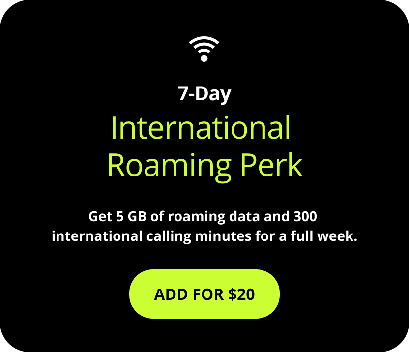 7-Day International Roaming Perk. Get 5 GB of roaming data and 300 international calling minutes for a full week. Add for $20